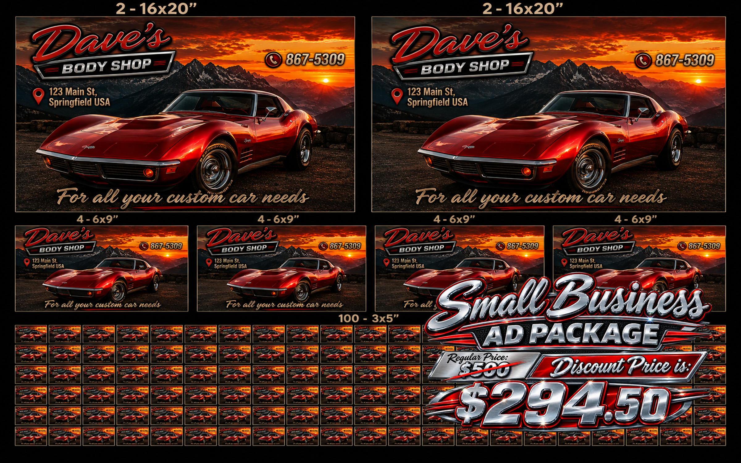 Small Business Ad Package — Dave's Body Shop demo. Regular $500, package $294.50.